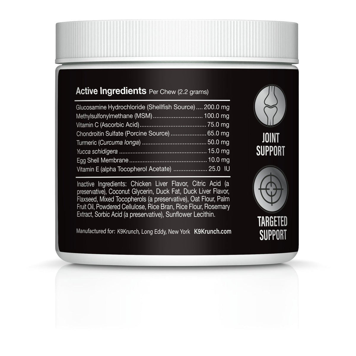 Hip & Joint Care active ingredients: glucosamine, MSM, vitamin C, chondroitin, turmeric