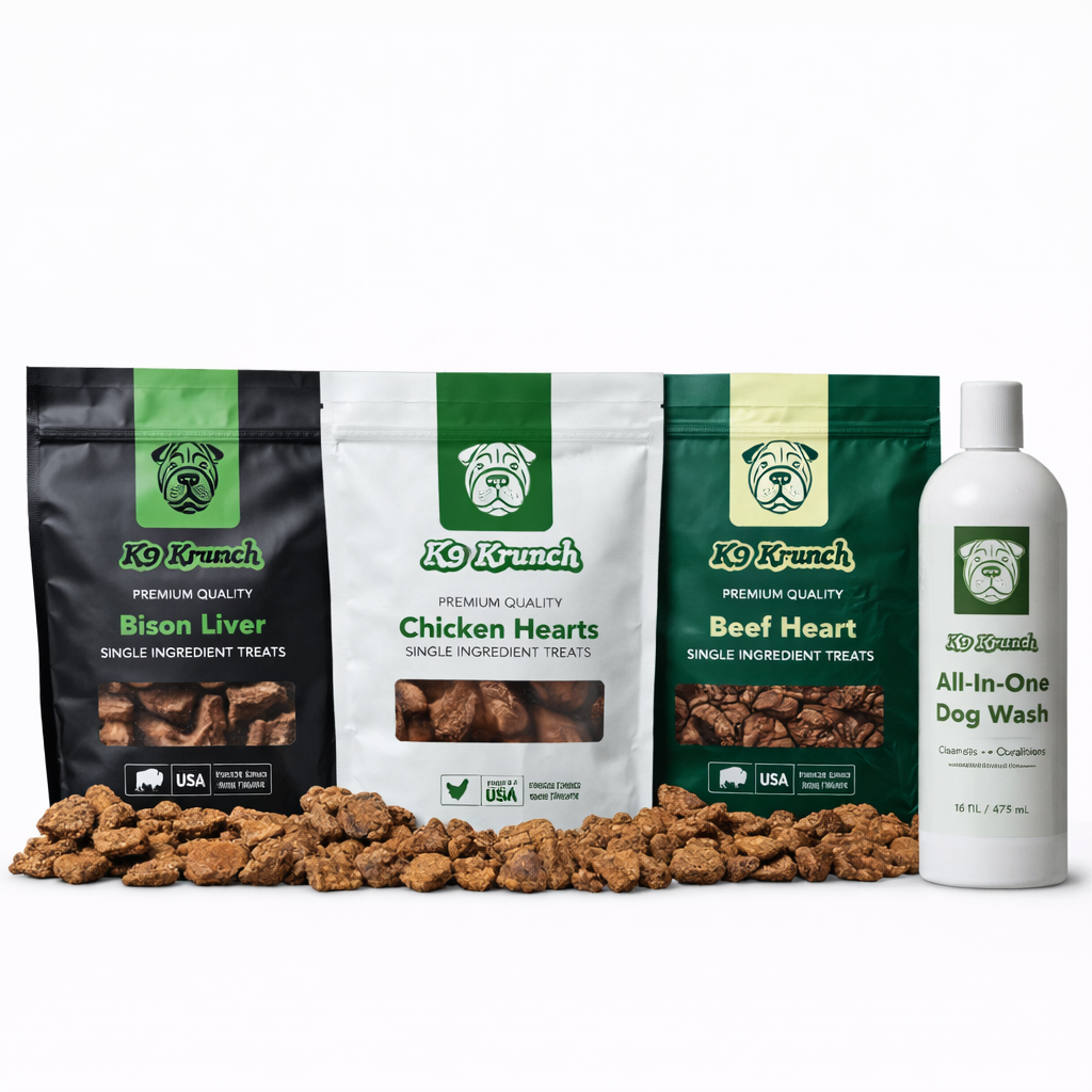 K9 Krunch pet product line including treats and a dog wash bottle on a white background