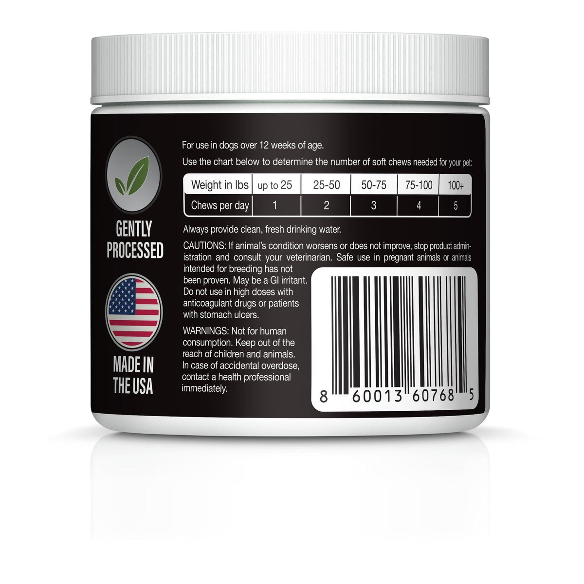 Hip & Joint Care dosage chart by dog weight, made in the USA