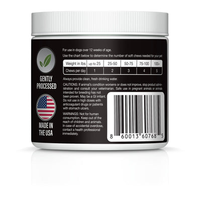 Hip & Joint Care dosage chart by dog weight, made in the USA
