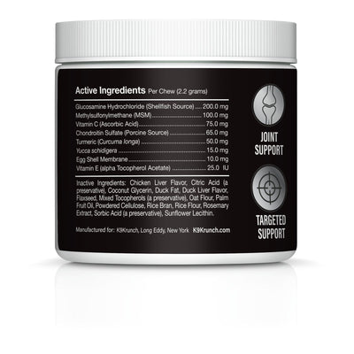 Hip & Joint Care active ingredients: glucosamine, MSM, vitamin C, chondroitin, turmeric